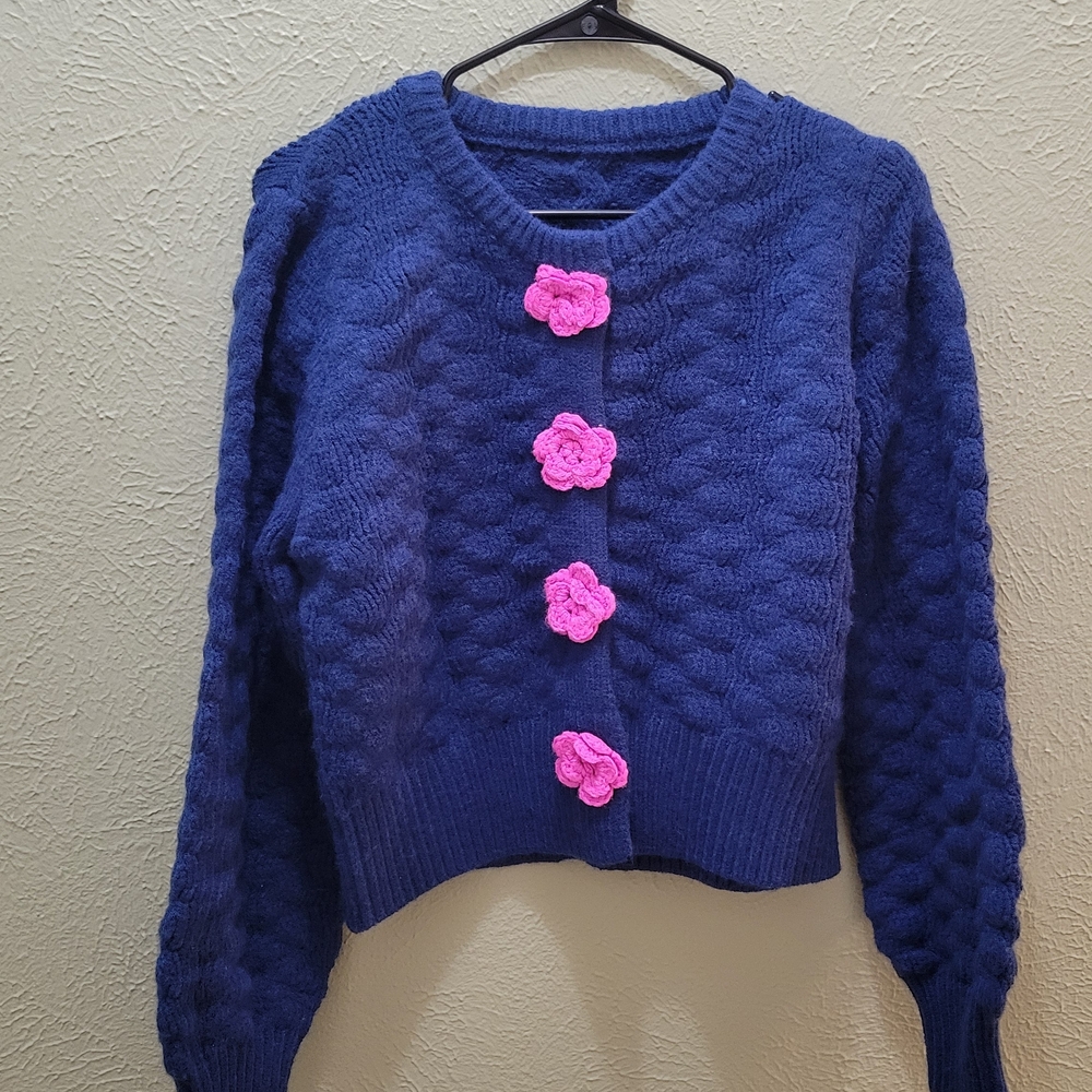 Elegant Navy Cardigan with Pink Floral Accents